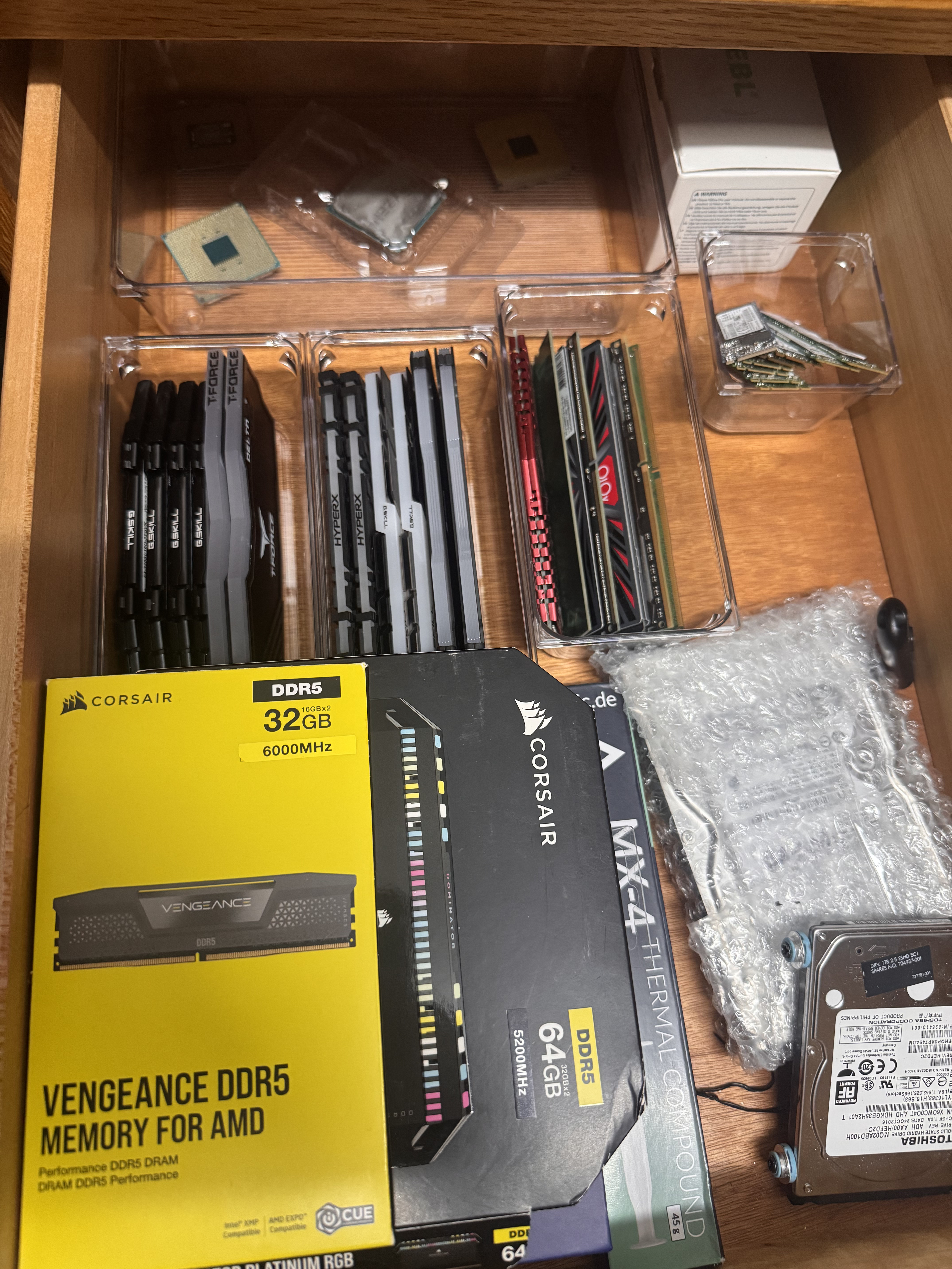 PC parts organized for setup and service work