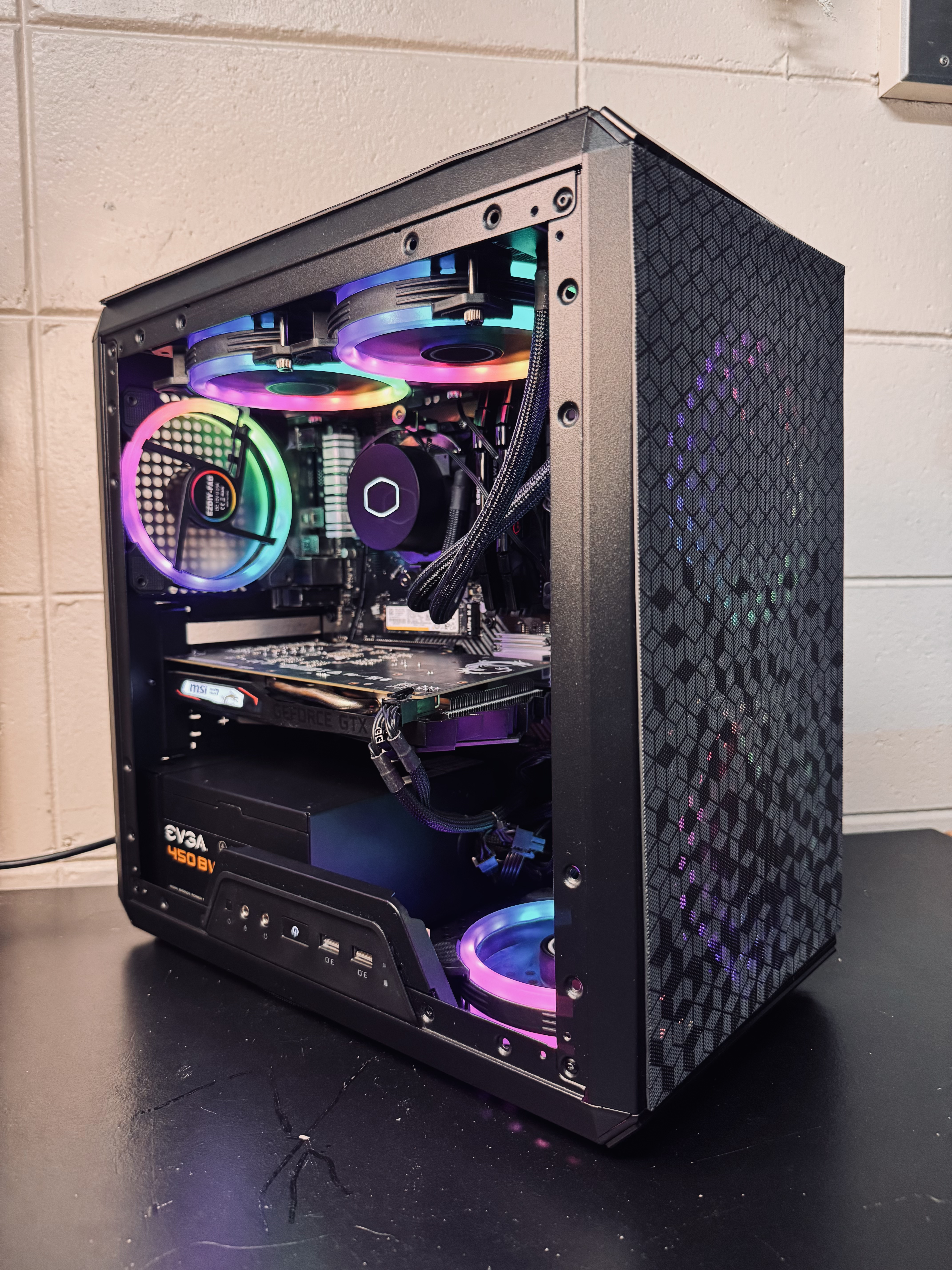 Finished custom PC build with RGB cooling and clear airflow