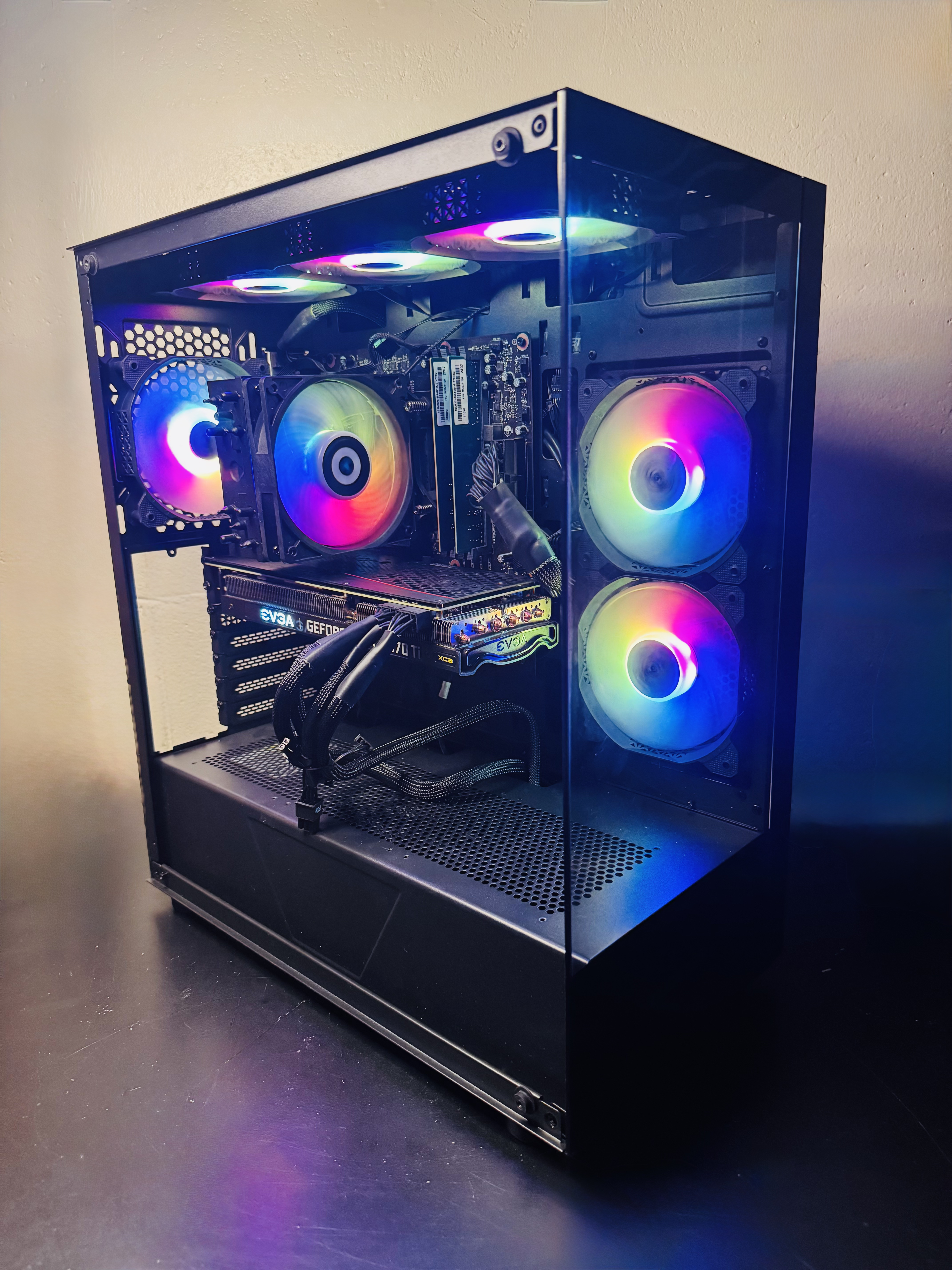 Custom PC build with clean RGB lighting and glass side panel